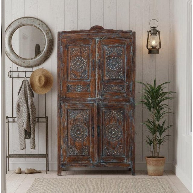 Wood Antique Floral Carved Armoire – Distressed Blue Cabinet With Brass Stud Detailing 70x36 For Sale - Image 7 of 7