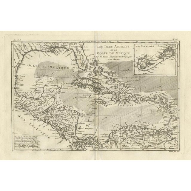 The Caribbean & Gulf of Mexico Rigobert Bonnes Antilles Map, c.1780 For Sale - Image 3 of 11