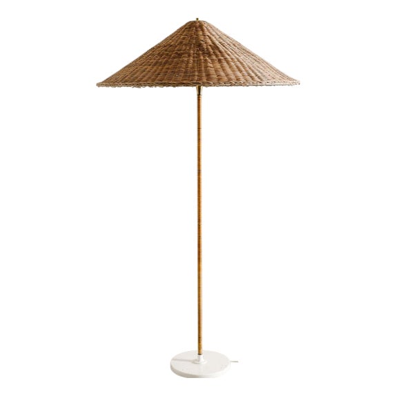 Finnish Mid-Century Floor Lamp in Brass & Rattan Attributed to Paavo Tynell Produced by Itsu Finland, 1940s For Sale