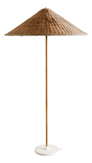 Finnish Mid-Century Floor Lamp in Brass & Rattan Attributed to Paavo Tynell Produced by Itsu Finland, 1940s