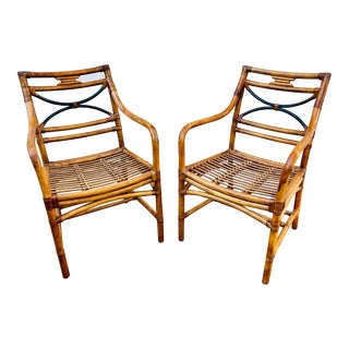Early Vintage McGuire Rattan Bamboo Cane Seat Arm Chairs, Pair For Sale