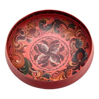 Large Vintage Norwegian Rosemaling Hand-Painted Wooden Bowl, 15" For Sale