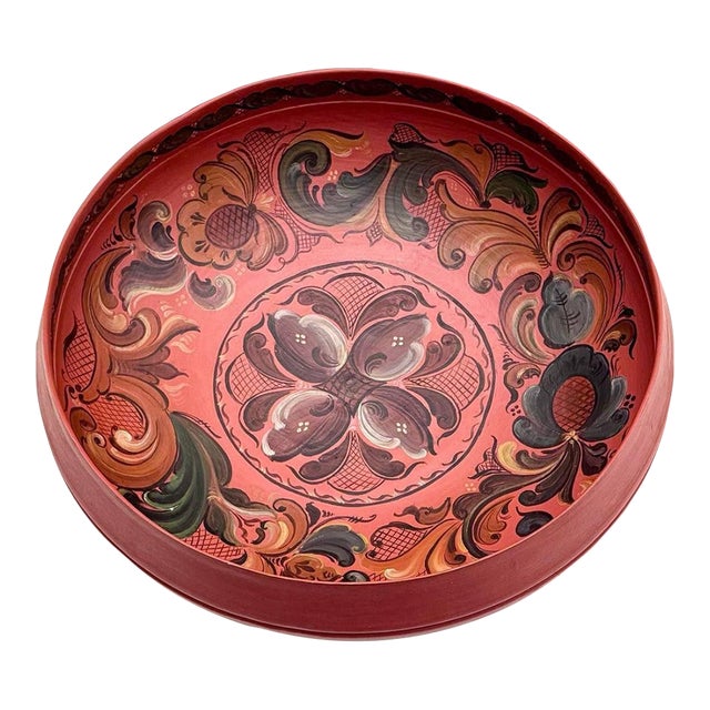 Large Vintage Norwegian Rosemaling Hand-Painted Wooden Bowl, 15" For Sale