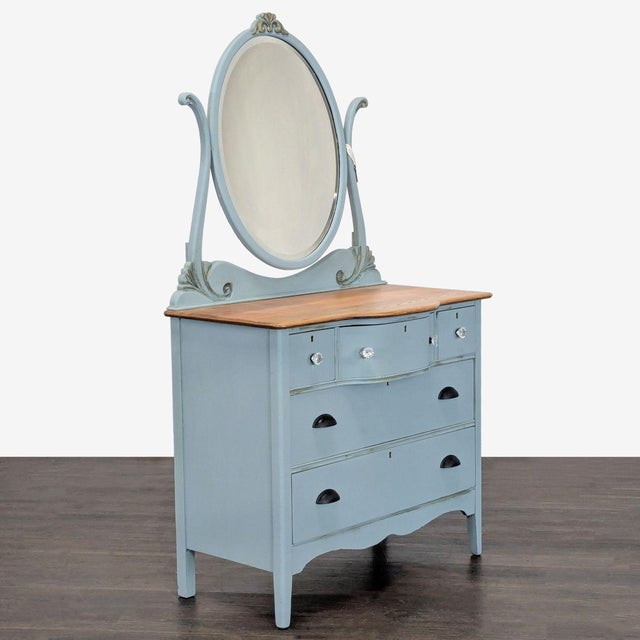 Antique Painted Oak Bow-Front Dresser with Oval Mirror & Skeleton Key. Dove-tail cabinets. Dimensions (in): 39W x 22D x 69H.