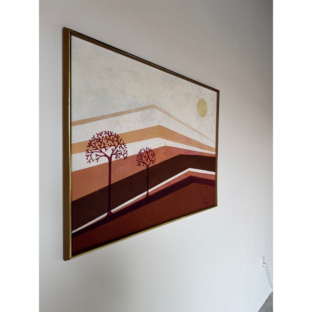 Beautiful vintage postmodern landscape painting featuring geometric layered hills, stylized trees, and warm earth tone...
