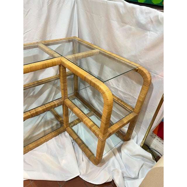 Tan 1970's Bielecky Brothers Wrapped Rattan and Glass Waterfall Corner Etagere For Sale - Image 8 of 14