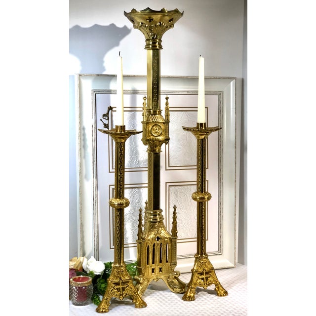 Antique Gothic Revival Brass Alter Candle Holders Candlesticks Set of