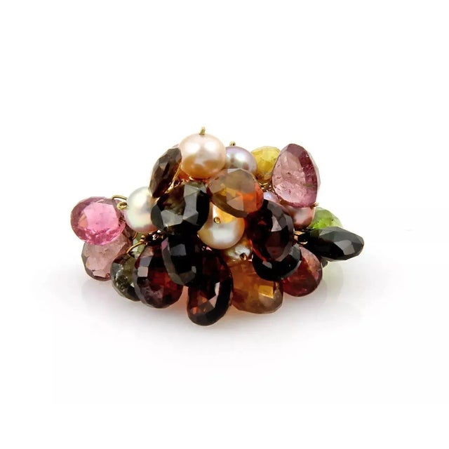 Multi Color Briolette Gemstone & Pearls 18k Yellow Gold Dangle Ring, Size 6 For Sale - Image 4 of 6