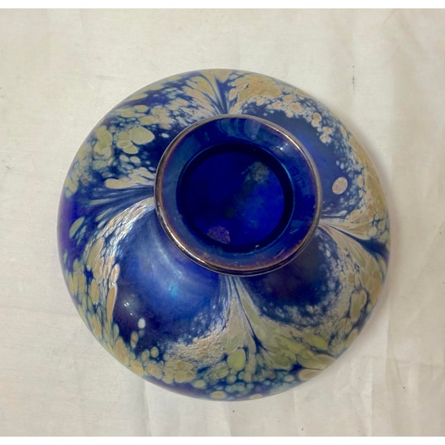 Glass Vintage Hand Blown Kent Fiske Blue Iridescent Art Glass Splatter Vase Sculpture For Sale - Image 7 of 14