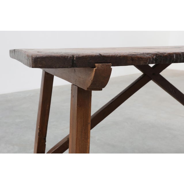 19th Century Spanish Rustic Trestle Table with Drawer and X-Stretchers, 1800s For Sale - Image 5 of 13