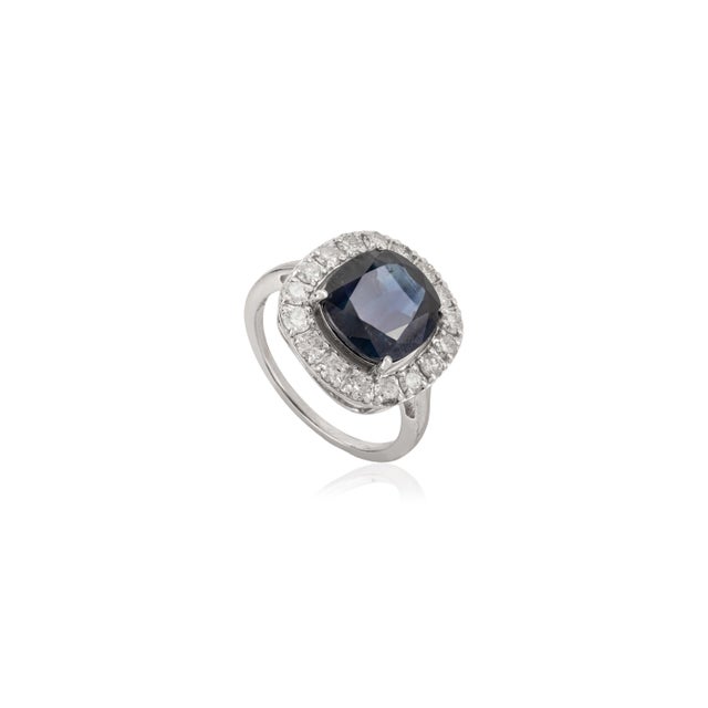 Art Deco Princess Diana Inspired 4.36 Ct Blue Sapphire & Diamond Halo 14k Gold Ring Size 5 For Sale - Image 3 of 14