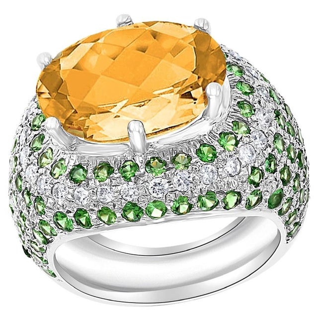 7 Carat Oval Citrine Tsavorite and Diamond Ring in 18 Karat White Gold, Estate For Sale - Image 15 of 18