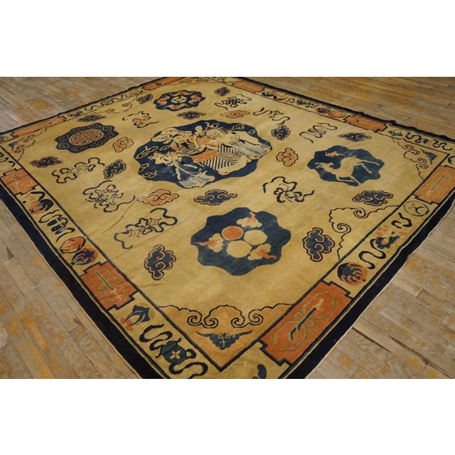 Textile 1890s Ivory Antique Scenic Animal Cloud Pictorial Chinese Scholars Peking Rug For Sale - Image 7 of 12