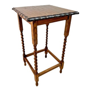 1910s Antique Square Table Barley Twist Legs Solid Oak Boxed Base Scalloped Carved Top For Sale