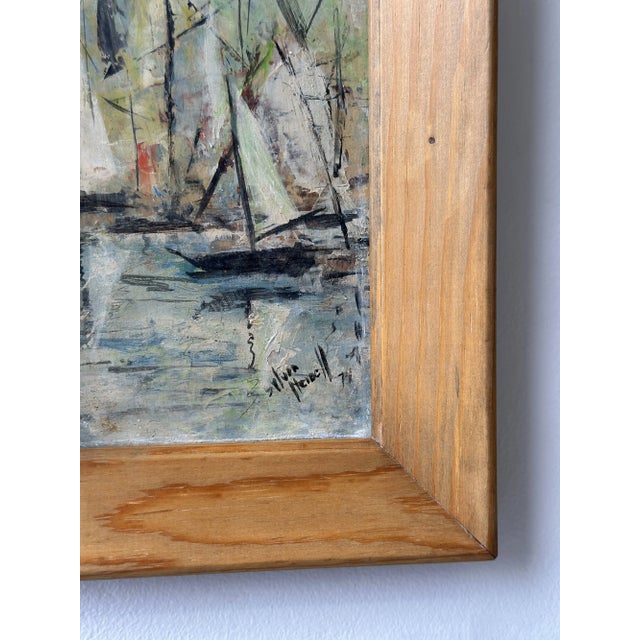 Wood Vintage Framed Impressionist Oil on Board Painting of Sailboats, Circa 1974 For Sale - Image 7 of 16