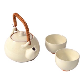 Vintage Japanese Tea Handmade Stoneware Ceramic Kotobuki - Set of 3 For Sale