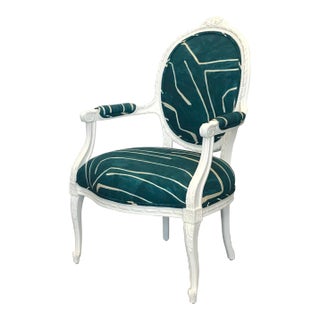 Italian Vintage White Wood Arm Chair in Teal Graffito For Sale