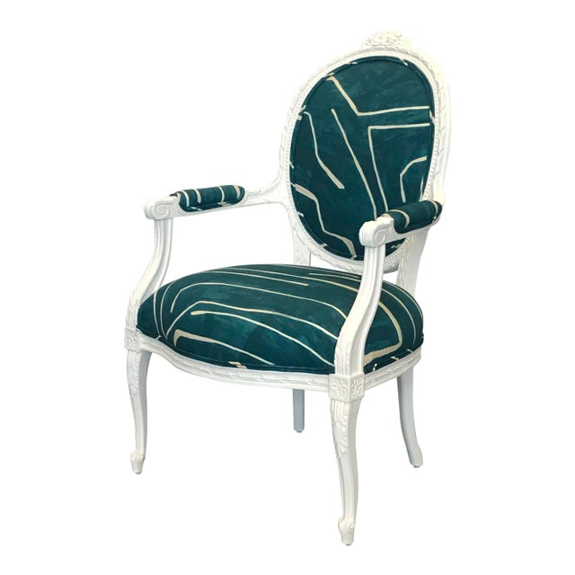 Italian Vintage White Wood Arm Chair in Teal Graffito For Sale