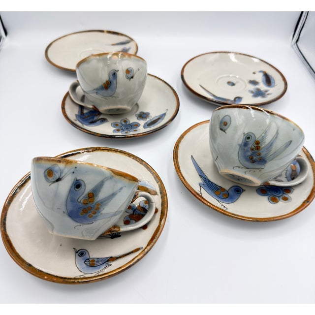 Folk Art Ken Edwards 1960s El Palomar Tonala Coffee Tea Cups & Plates Mexico Folk Art Pottery - Set of 8 For Sale - Image 3 of 13