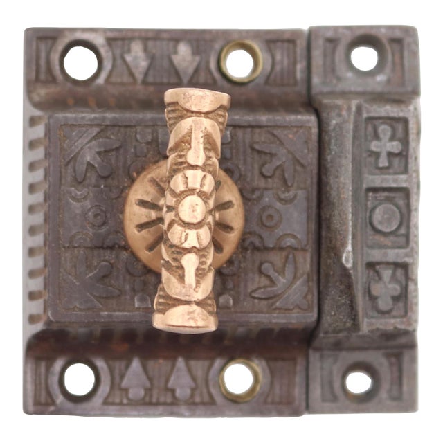 Antique Aesthetic Cast Iron Cabinet Latch With T Brass Handle For Sale