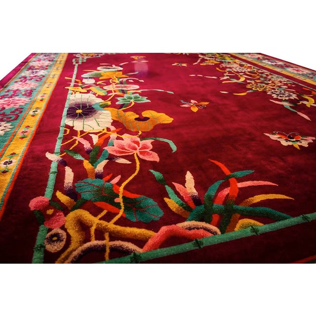 Art Deco 1920s Room Size Wool Red Chinese Floral Modern Antique Knotted Art Deco Rug For Sale - Image 3 of 9