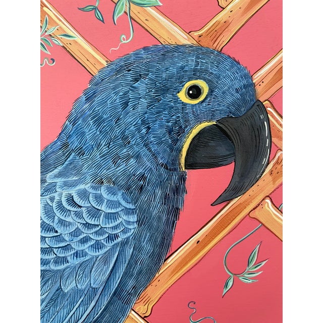 Chinoiserie “Vine and Dandy” Hyacinth Macaw Blue Parrot Painting by Allison Cosmos For Sale - Image 3 of 4