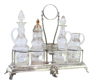 Silver and Painted Glass Cruet Set with Reliefs, Monogram Cards, Mustard Jar and Salt and Pepper Shakers, Set of 7