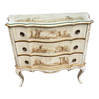 Early 20th C. Venetian Hand-Painted and Decorated Partial Gilt Commode With Protective Glass Top For Sale