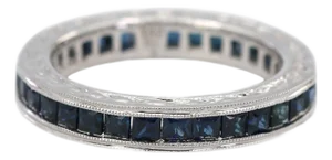 14k (585) White Gold All Around Natural Sapphire Engraving Band Ring, Size 6
