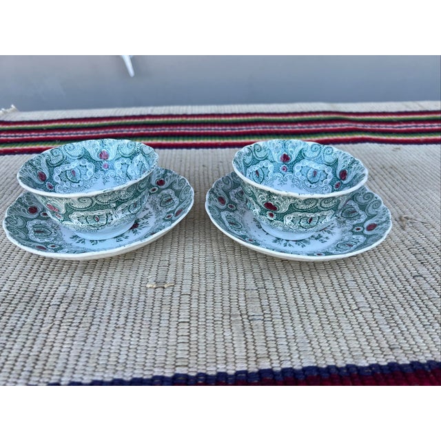 A Pair of Antique Staffordshire Green Transferware Decorated Cups and Saucers, by Adams, Circa 1830's For Sale - Image 16 of 16