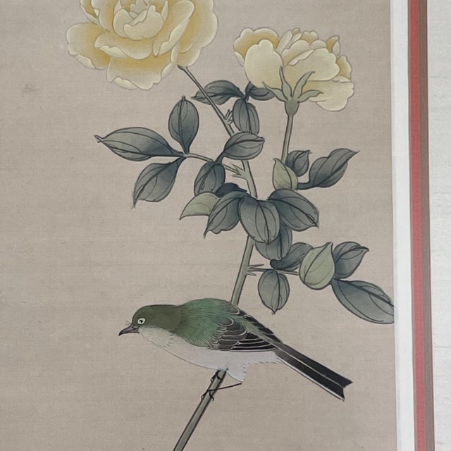 1970s Hand-painted silk panels Chinoiserie birds and flowering branches w/ glare-free glass stamped signed - Set of 2 Framed For Sale - Image 15 of 18