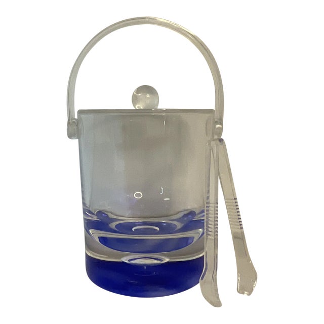 Vintage Contemporary Modern Lucite Blue Cut to Clear Ice Bucket With Tongs For Sale