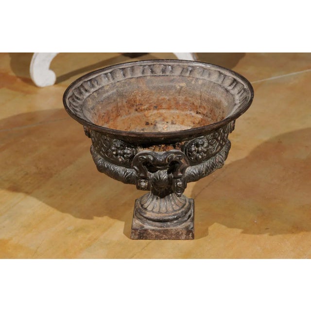 Gray French 19th Century Iron Jardinière with Lateral Handles and Double L Monogram For Sale - Image 8 of 11