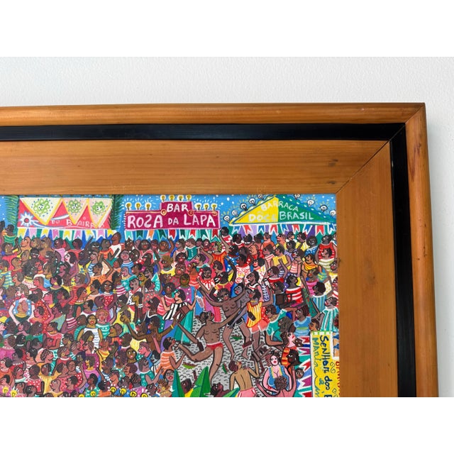 Wood 1986 Babalu “Detalhe Das Festas De Largo” Brazilian Folk Art Oil on Canvas Painting, Framed For Sale - Image 7 of 11