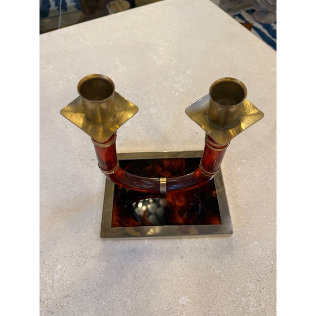 1970s Italian Tortoiseshell Lucite and Brass Double Candlestick, 1970s For Sale - Image 5 of 7