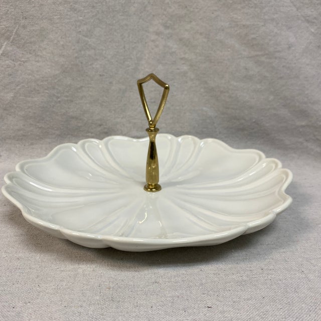 Mid-Century Modern Vintage California Pottery Cream White Relish Dish Tray With Gold Metal Handle For Sale - Image 3 of 12