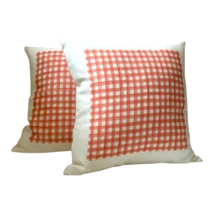 Pair of Coral and White Check Linen Pillows