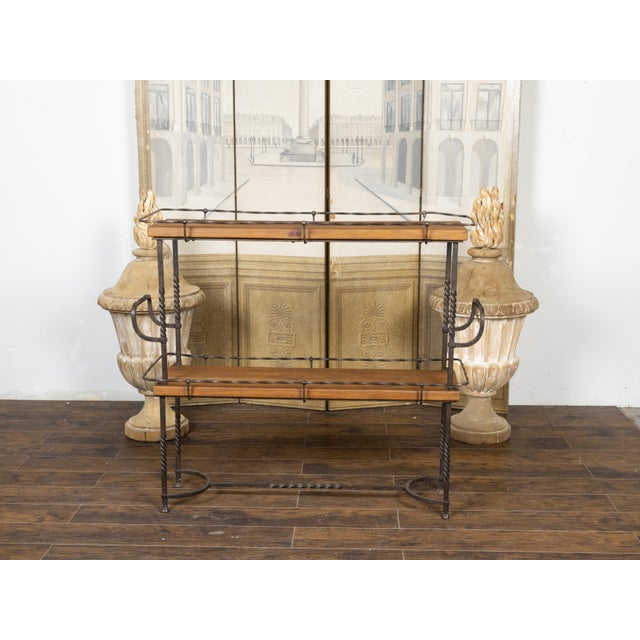 Mid 20th Century American Midcentury Metal and Wood Two-Tiered Shelving Unit with Twisted Motifs For Sale - Image 5 of 12