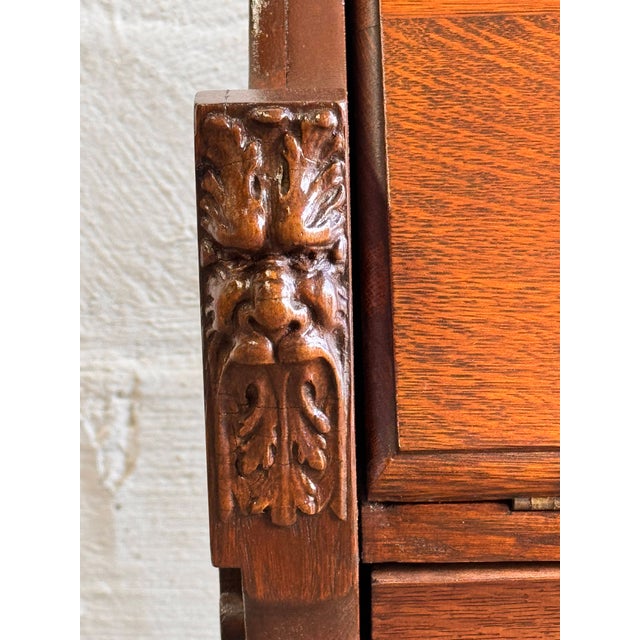 Antique Tiger Oak Slant Front Secretary Desk For Sale - Image 12 of 15