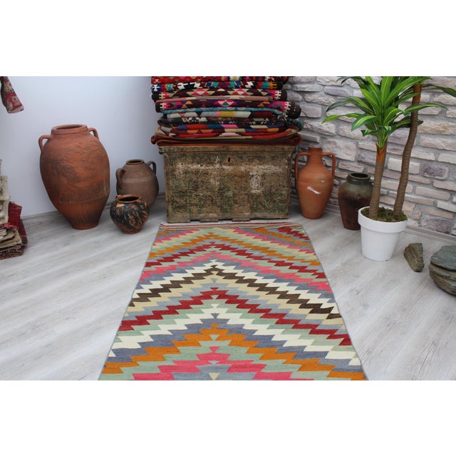 Pastel Coloured Vintage Anatolian Kilim Rug Runner - 40"x149" For Sale - Image 4 of 12