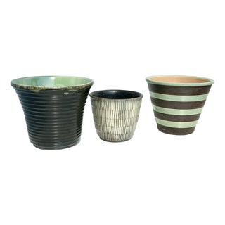 Vintage German Plant Pots in Mint Green and Brown-Anthracite Tones from Veb Keramik Meissen, 1950s, Set of 3 For Sale