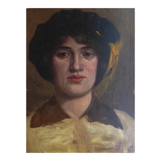 Early 20th Century Woman in Black Hat Portrait Painting For Sale