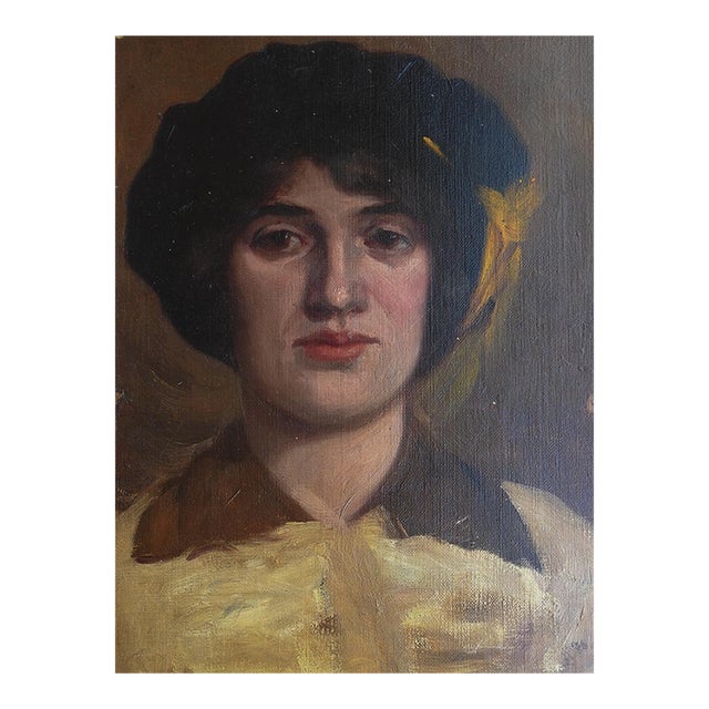 Early 20th Century Woman in Black Hat Portrait Painting For Sale