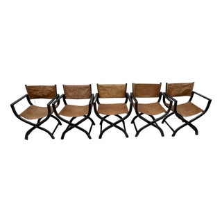 Restoration Hardware 1970s French Director's Dining Chairs | Set of 5 | Chestnut Leather For Sale