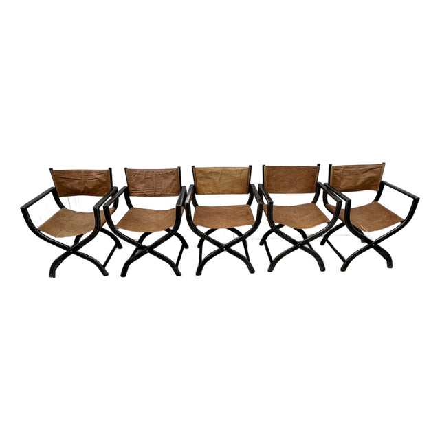 Restoration Hardware 1970s French Director's Dining Chairs | Set of 5 | Chestnut Leather For Sale
