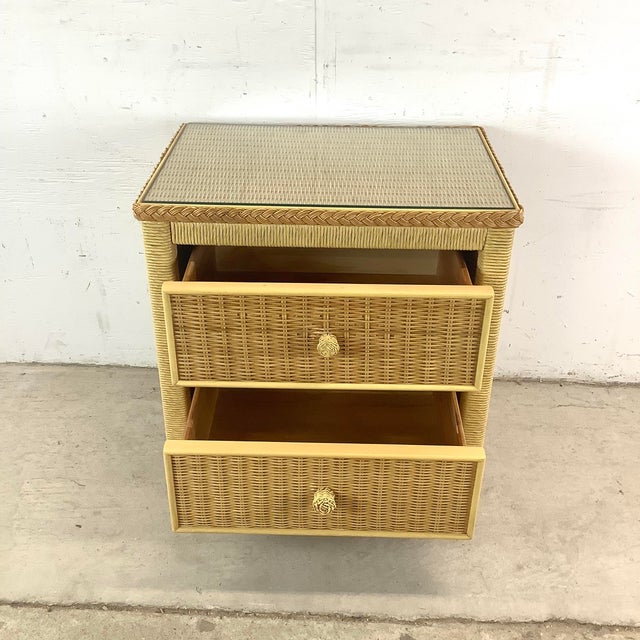 Boho Chic Mid 20th Century Boho Two Drawer Wicker Nightstand by Henry Link For Sale - Image 3 of 12