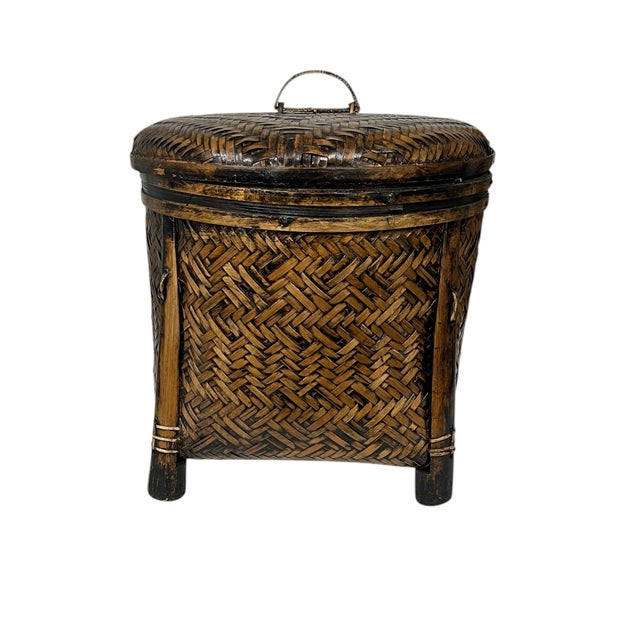 Vintage Bamboo and Woven Rattan Storage Basket For Sale - Image 4 of 8