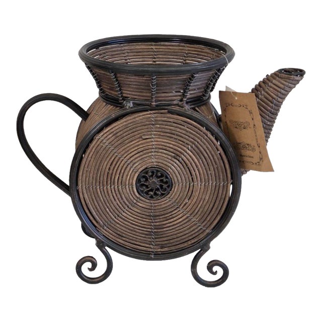 Vintage World Market Handmade Wicker & Metal Teapot Basket NWT 2000-2015 Era For Sale