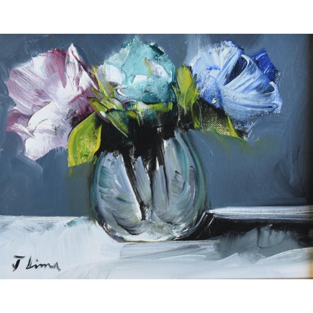 Colorful Mixed Bouquet of Flowers Oil Painting Including the Antiqued Gold Wood Frame For Sale - Image 4 of 7