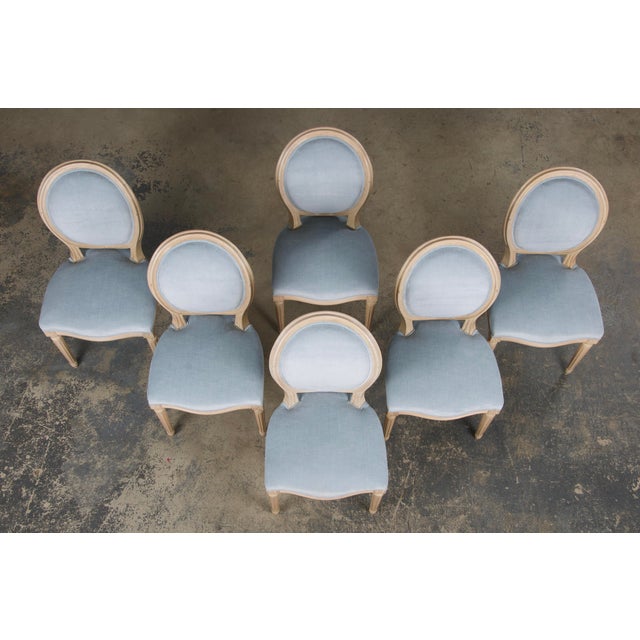 French French Louis XVI Style Painted Dining Chairs W/ Light Blue Velvet - Set of 6 For Sale - Image 3 of 12